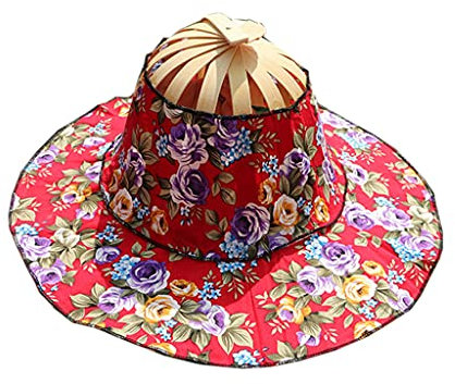 TSBB Bamboo Foldable Hand Fan Sun Hat Women Sunhat Hat with 2 in 1 Foldable Chinese Style Bamboo Frame Floral Printed