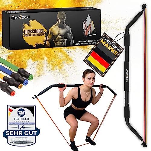 ROAD2GOAT® - [FITNESSBOGEN] Krafttraining mit Widerstandsbänder Stange, Resistance Bands Set mit 147cm Fitnessstange – Home Gym Equipment mit Fitnessbändern – inkl. Trainingshandbuch und Tragetaschen