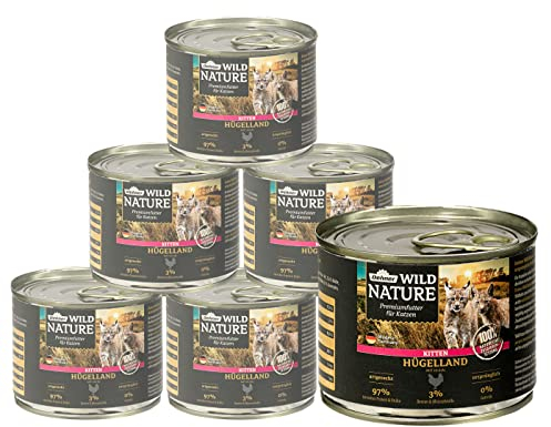 Dehner Wild Nature Katzenfutter Kitten Hügelland, Nassfutter getreidefrei / zuckerfrei, für junge Katzen, Huhn, 6 x 200 g Dose (1.2 kg)