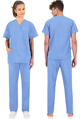 B-well, “Morelli” - Set unisex con casacca e pantaloni con cordoncino, uniforme per medici, tessuto leggero in 100% cotone, Azzurro, XXXL