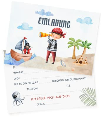 10 Piraten Einladungskarten - Schatzsuche Kindergeburtstag - inkl. Umschläge (Pirat)
