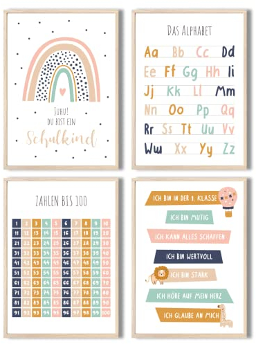 MeinBaby123® pädagogische Lernplakate Lernposter | Bilder Kinderzimmer | 4er Set A4 Poster Set | Alphabet ABC, Zahlen | Vorschule, Grundschule | Wandposter Premium (Lernposter - 4er Set)