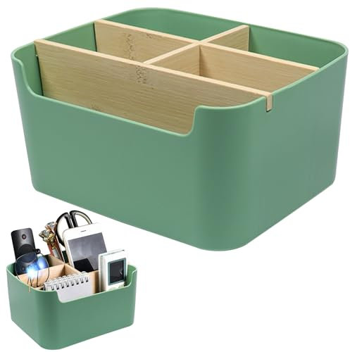 JOKILY Organiseur de bureau à 5 compartiments en bambou avec porte-stylos, porte-stylos, boîte de rangement pour stylos, cosmétiques, petits objets, vert