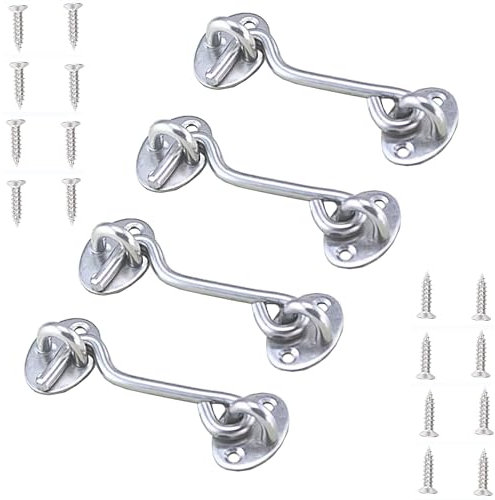 VENGABY 4Pcs Hook and Eye Latch,Cabin Hook Gate Hook Lock, Barn Door Gate Latch Latch Stainless Steel, Thicken Window Hook Lock with Mounting Screws for Shed Gate or Garage Door (Silver, 3 in)