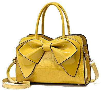 AlwaySky Damen Tote Tragetasche PU-Lackleder Umhängetasche Schultertaschen Geldbeutel Bogenknoten Handtasche Satchel Gelb