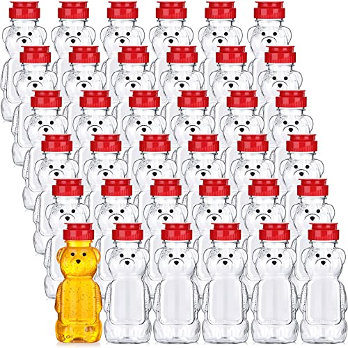 Thenshop 36 botellas vacías de plástico de 8 onzas con forma de oso de miel, recipientes de miel, frascos de miel con tapa roja abatible para almacenar y dispensar, transparente