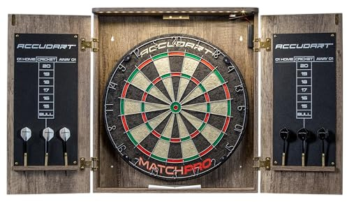 Accudart Match Pro Dartboard Cabinet Set – Official 18” Sisal Board, Self‑Healing Fibers, Modern Woodgrain Cabinet, Built‑in Dart Holders, Auto LED Lighting – Includes Scoreboards & Steel‑Tip Darts