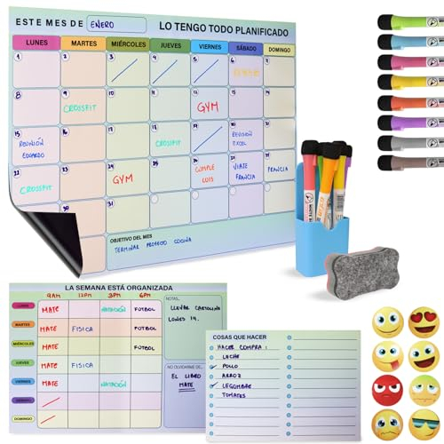Calendario magnetico nevera - Pizarra magnetica nevera - Planificador semanal magnetico - Imanes pizarra magnetica - Incluye 3 pizarras, 8 marcadores, 8 stickers, 1 borrador y 1 vaso porta marcadores