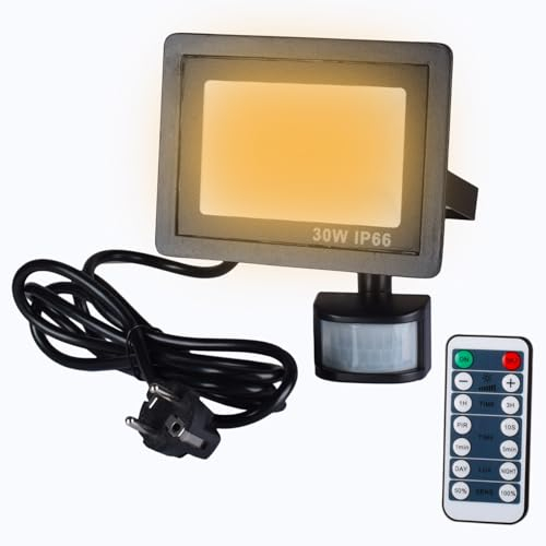 Etrogo 30W Foco Proyector LED con Sensor de Movimiento Exterior con Mando 3000Lm 42 LEDs 3000K Blanco Caldo Regulable Impermeable IP66,Longitud del cable 2M