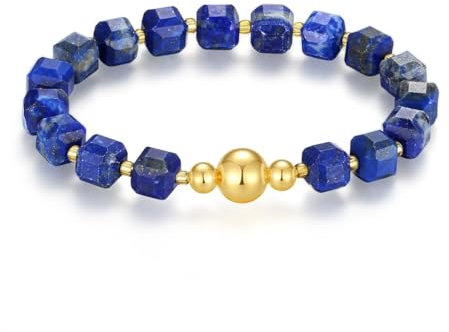 MetJakt Handgemachtes Stretch Armband Echtes 8MM Naturstein Würfel Design 18k Vergoldet Kugel für Damen und Herren Edelstein Perlenarmband (Lapislazuli -Vergoldet)