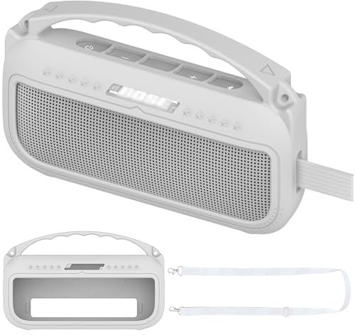 JCHPINE Silicone Cover Case for Bose SoundLink Flex Bluetooth Portable Speaker Accessories, Silicone Skin for Bose SoundLink Flex Speaker Shoulder Strap(Upgraded White Case)