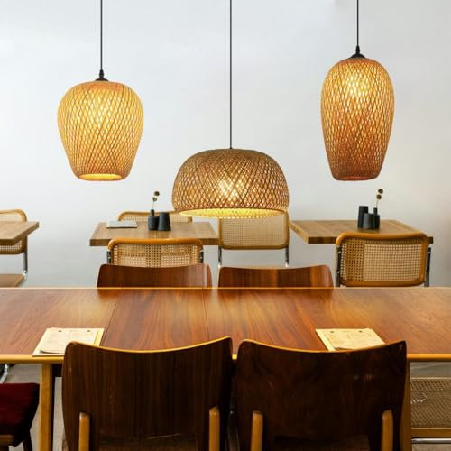 Kronleuchter aus Bambus, handgefertigt, Vintage, mit Lampenschirm aus Rattan, Hängeleuchte aus Weide, für das Esszimmer (ohne Leuchtmittel)