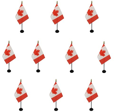 AZ FLAG Lot de 10 Drapeaux de Table Canada 15x10 cm Socle Plastique | Usage intérieur Drapeau de bureau canadien finition cousue et bords renforcés polyester 100D