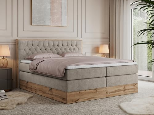MKS MEBLE King Boxspringbett 160x200 mit Bettkasten und Kopfteil, Bonell Polsterbett mit Matratze H4 und Topper T25, Bett mit Holzrahmen in Wotan Eiche - Beige Struktur - Amore King