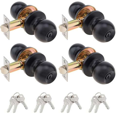 HOJLKLD 4 Pack Door Knobs with Lock and Keys, Entry Interior and Exterior Door Lock for Bedroom or Bathroom, Black Privacy Ball Doorknob, Three Key Same Only for One Lock