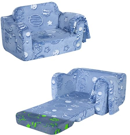 MeMoreCool Kindersofa Ausklappbar, 2-in-1 Kleinkinder Schlafsofa, Kindersessel mit Schlaffunktion, Mini Couch für Kuschelecke Kinderzimmer, Spielsofa für Mädchen und Jungen, Leuchtendes Universum