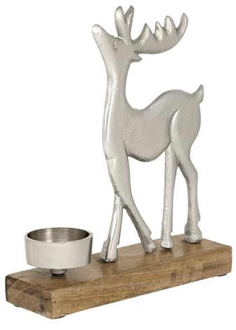 EGLO LIVING Teelichthalter mit Deko Rentier Baliguian, Weihnachtsdeko Fensterbank Wohnzimmer, Tischdeko Weihnachten Hirsch REH, Holz in Natur und Metall in Silber, 18 x 20 cm