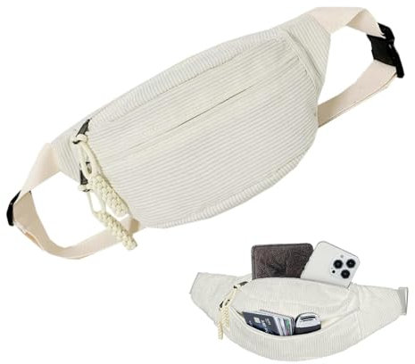 Landrain Weiß Bauchtasche Damen Cord, Cord Bauchtasche Damen mit Schultergurt Einstellbar Stilvolle