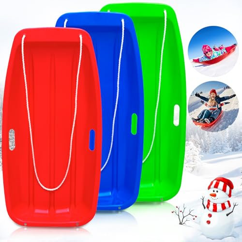 AKLIFFE Trineo Bob para niños con 2 cuerdas, 89 cm, trineo para adultos, con asas, unisex, niños, adultos, deportes de invierno (rojo, azul y verde)