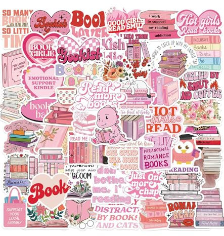 T TAKONE Bookish Sticker Set 50 Stück – Ästhetische Bookish Sticker für Kindle und Laptop, Wasserfeste Rosa Buchaufkleber, Perfekt für Buchliebhaber und Teenager (Rosa)