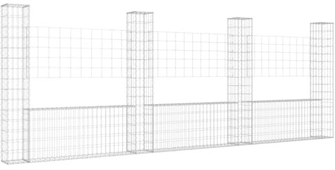 IKAYAA Gabionen Zaun U-Form mit 4 Säulen Steingabionen Steinkorb Gabionenwand Gabionenkörbe Gabionengitter Drahtkorb Steingabionen 380 x 20 x 150 cm