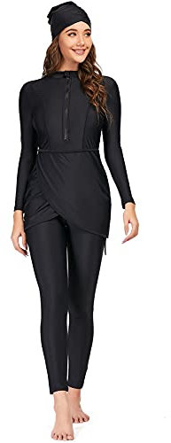 Womens' 3 Piece Modest Swimwear Full Cover Hijab Burkini Swimsuit Long Sleeve Built-in Bra Swimming Top + Swimming Pants + Hijab Bathing Suit. (L UK 10-12) Black