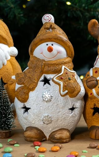 Keramik LED-Figur Schneemann mit Keks 13 x 21cm Weihnachtsdeko Tisch-Deko Dekofigur