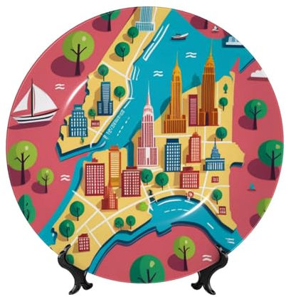 Gjgdbxdw Dekorativer Keramikteller mit New Yorker Karten-Illustrationsdruck, Knochenporzellan (Porzellan), Teller, Dekorationen mit vertikalem Ständer, für Zuhause, Büro, Regal, Wanddekoration, 17,8