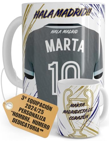 Taza Personalizada Fútbol R Madrid Nombre Número Y Dedicatoria Equipaciones 24/25 Cerámica, Regalo Original Para Aficionados De Equipos Madridistas Tazas Personalizadas Té Café (MADRID 2)