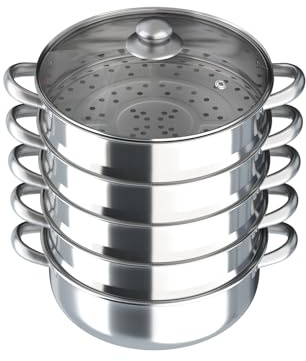5-Tier Steamer Set,30cm Stainless Steel Steamer for Cooking,With Transparent Pot Lid,for Gas Stove, Furnace, Electric Halogen Oven Induction Hob
