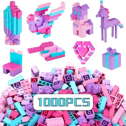 Reenwee Rosa Bauklötze 1000PCS Set, Kompatibel mit Allen Großen Marken, Mädchen Klassische Pastell Bauklötze, Geburtstagsgeschenk für Kinder (Rosa-1000PCS)