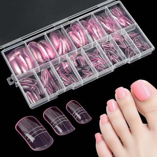 Kiiwah 150 Stück Polygel Nagelformen für Zehen, Dual Tips Nägel Lang für Pediküre Nagelverlängerung Zehennägel Set Wiederverwendbar Form, 15 Größen (Transparent-rosa)