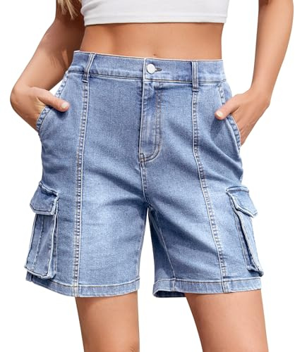 IVIR Bermuda Cargo Shorts for Women Knee Length 6 Pockets Elastic Waist Long Shorts for Summer Casual Blue L