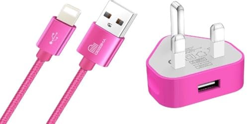 ameego USB Data Sync Charging Cable Lead 1 Meter Braided Lead + USB Charger Adapter Plug For Phone's Compatible 6 6s 5s 6 PLUS 7 8 8 Plus XS XS Max XR X iPad iPod (Hot Pink)