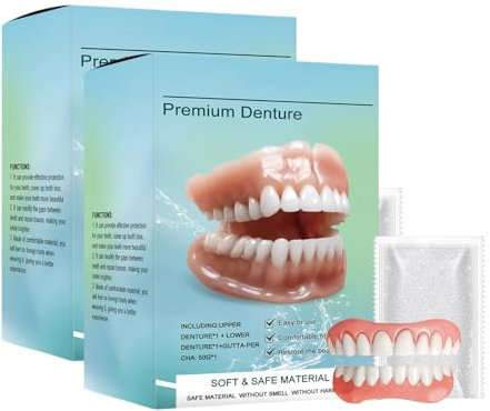 Premium Dentures - Lot de 2 dentiers complets - En silicone - Pour prothèse dentaire - Pour homme et femme