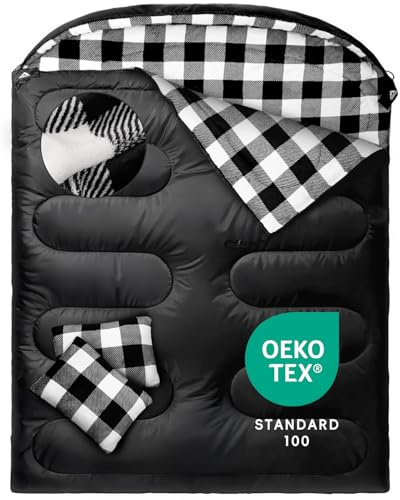 MEREZA Flanell-Doppelschlafsack für Erwachsene, kaltes Wetter, XL-Queen-Size-Schlafsack für alle Jahreszeiten, 2 Personen, große und große Schlafsäcke für Camping, 0 Grad, mit Kissen