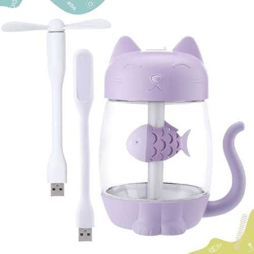 Mini Humidificador Infantil de Gatito (350ml) con Luz LED USB y Mini Ventilador | Niebla Fría Silenciosa para Niños y bebes | Ideal para Dormitorio | Regalo | Seguro | Bebes moco y tos (LILA)