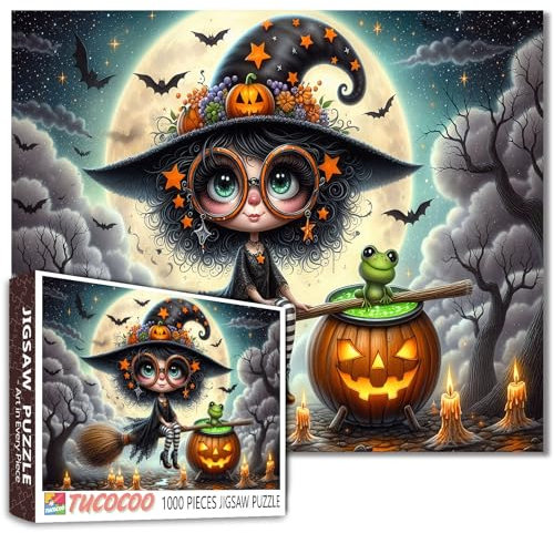 Girl on Broomstick Jigsaw Puzzles 1000 Pieces Halloween Witch Art for Challenging Family Games Pumpkin Cauldron for Adults Handwork Home Decor Gifts