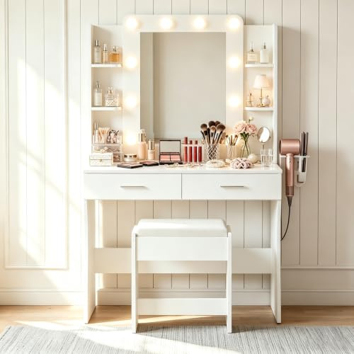 BonVache Dressing Table with Mirror and Stool, Vanity Desk with 3 Lighting Colours Mirror and Power Strip, Makeup Table Set for Bedroom with 2 Drawers, 6 Open Shelves and Hair Dryer Holder