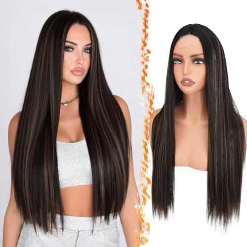 BARSDAR Lange Gerade Perücke, 71cm Lange Gerade Mittelscheitel Ombre Highlight Honigblond Perücke für Damen Natürliche Haarperücken Synthetische Haar Wigs Spitzenfront Perücken Cosplay Halloween
