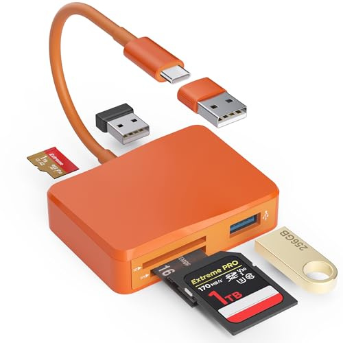 SD Kartenleser, 5 in 1 USB-C & USB Kartenadapter mit SD/MicroSD/MS und Dual USB-A Ports Speicherkartenleser für iPhone 17/16/15 Pro Max iPad MacBook Pro/Air M4/M3 Android Phone/Tablet PC (Orange)