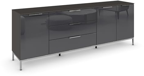 Rauch Möbel Flipp, Kommode, Farbe Glas Basalt/Graphit, Breite 199 cm | Sideboard, 3-türig, 3 Schubladen, Glasfront, Soft-Close, Griffe, Metallkufe Chrom, für Schlafzimmer, Gästezimmer, Wohnzimmer