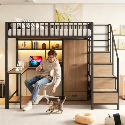 Su & Chan Legence Hochbett 140 x 200cm, Metallbett mit Schreibtisch, Regal, Kleiderschrank und Schubladen, Etagenbett mit Aufbewahrungsleiter, Ladebuchse und LED, Ohne Matratze, Schwarz