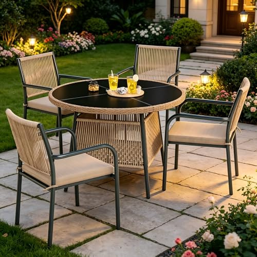 Soweiz Modernes Gartenmöbel-Set aus Rattan, Runder Glastisch + 4 Armlehnstühle, Eisengestell, Geeignet für Terrasse/Balkon/Deck (Grau)