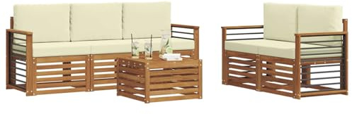 vidaXL Sofagarnituren 6 pcs Natur und Creme Massivholz Akazie, Moderne Gartenmöbel, strapazierfähiges Outdoor-Sofa, Lounge-Set für die Terrasse, bequemes Sitzen draußen