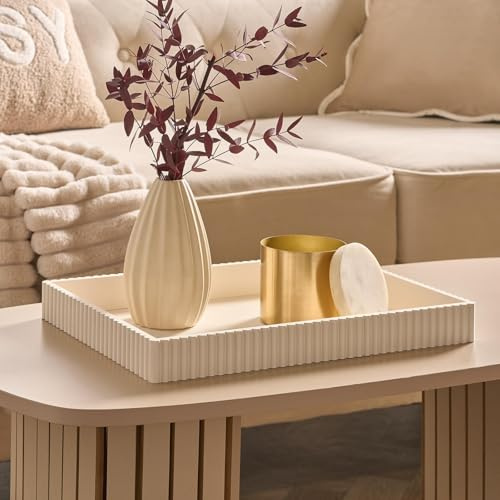 OHS Rectangle Decorative Tray, Ribbed Coffee Table Tray Modern Centrepiece Decoration Kitchen Counter Candle Holder Plastic Organiser Accessory Trays, Cream