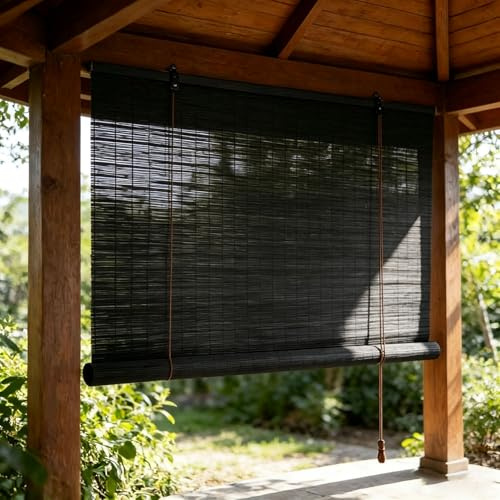 140x160cm Schwarz Bambusrollo 60% Blackout Sonnenschutz Sichtschutz Bambus Raffrollo Mit Lifter Outdoor Rollo Wetterfest Anti-UV Blackout Jalousie für Garten Terrasse Balkon Dekoration