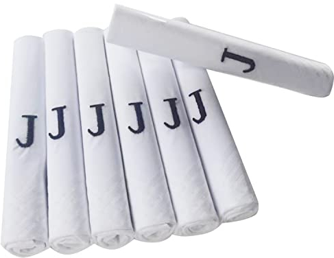 Paquete de 7 pañuelos para hombre, de satén blanco, con inicial bordada en azul J