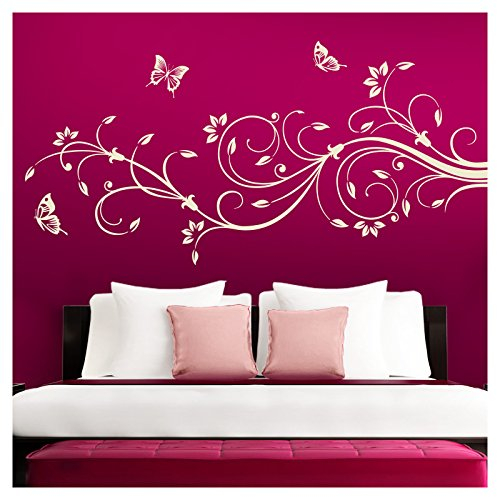Grandora Wandtattoo XXL Blumenranken Schmetterlinge Blumen I cremeweiß (BxH) 160 x 69 cm I Schlafzimmer Liebe Flur Wohnzimmer modern Aufkleber Wandaufkleber W1073