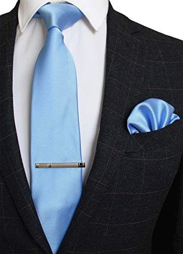 JEMYGINS Cravate bleu clair Homme en Soie et Pinces à cravate Carre de poche Set(12)